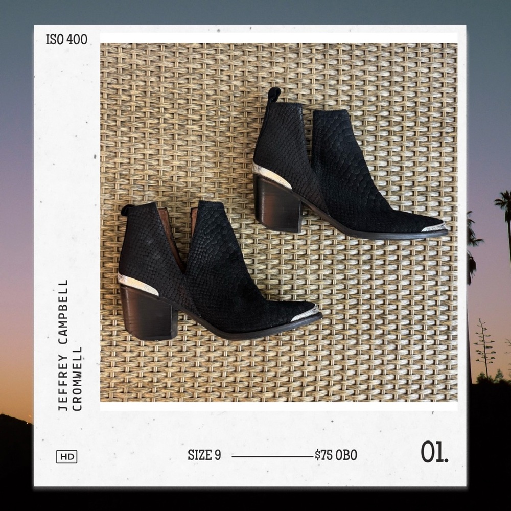 Jeffrey Campbell Cromwell Booties | Black Snakeskin Western Ankle Boots | Size 9